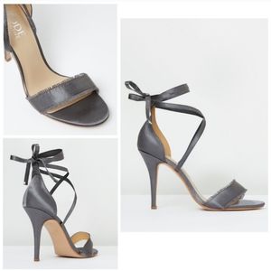 NIB Gray Satin Ankle Lace Up Stiletto Frayed Open Toe Strap Arielle Heel